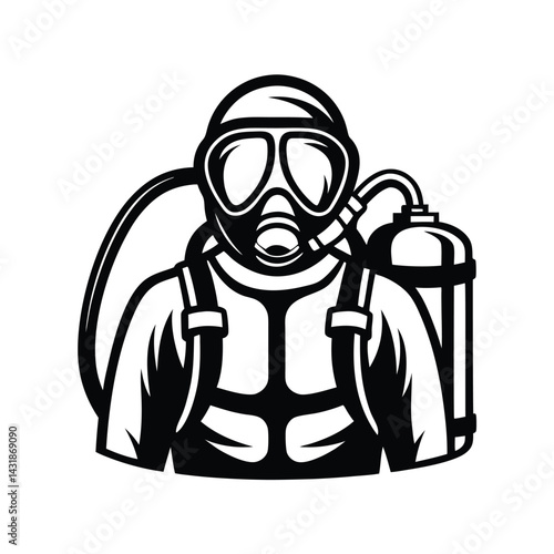 Monochrome design of a person with gas mask, air tank on back, safety suit outline