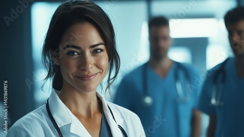 Obraz na płótnie Confident female doctor in lab coat smiling with medical team in brightly lit professional setting w salonie