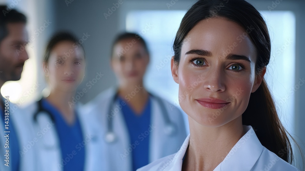 Confident female doctor in lab coat leads medical team with professionalism and teamwork