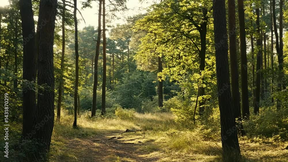 Sunlight streams through a dense green forest with tall pine trees lining a sandy, grassy footpath during summer time. Sunlight streams through a dense green forest with tall pine trees lining a sandy, grassy footpath during summer time.