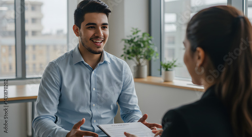 A smiling young man in a button-down shirt during a job interview with a woman.