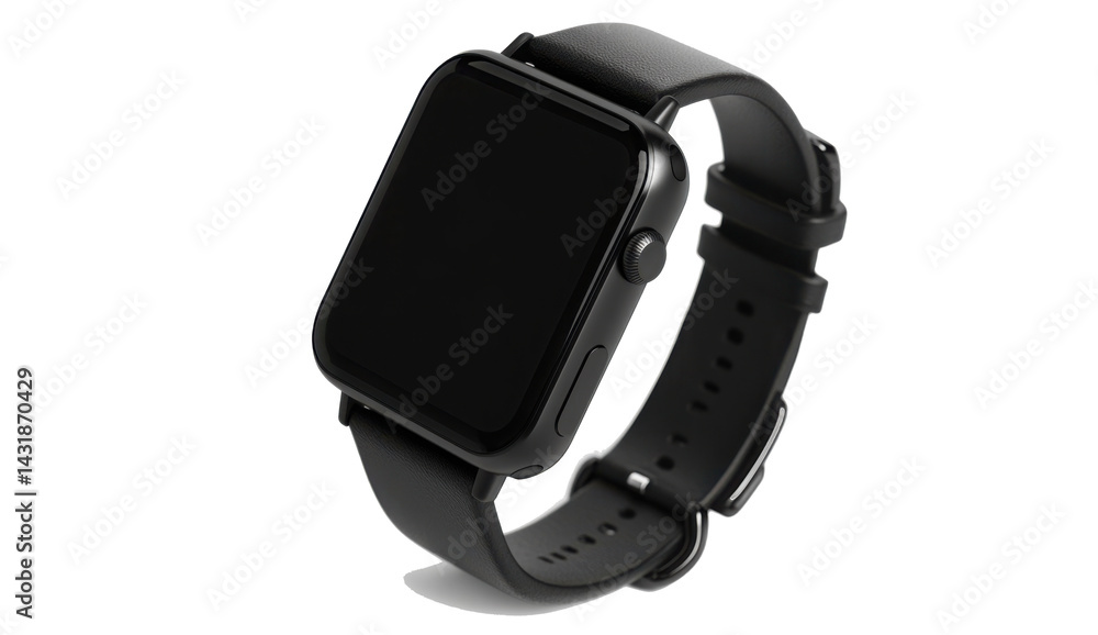 Sleek black smartwatch with a leather strap on a clean background Modern timepiece Sleek black smartwatch with a leather strap on a clean background Modern timepiece