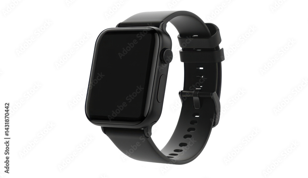 Sleek black smartwatch with a minimalist design and comfortable strap displayed on black Sleek black smartwatch with a minimalist design and comfortable strap displayed on black