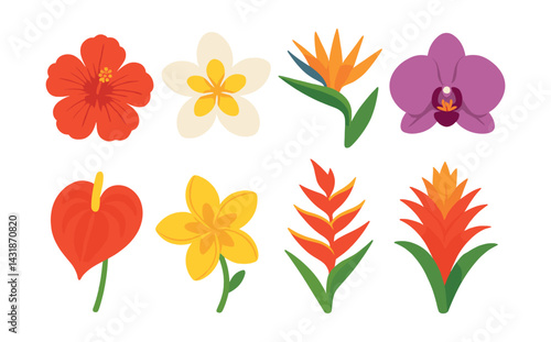 Vibrant tropical flower icons set: hibiscus, orchid, bird of paradise & more in flat style. Vector icons