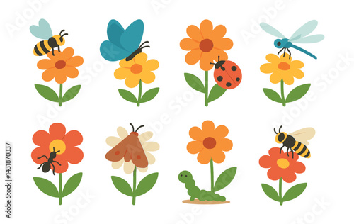 Beautiful icons set of flowers and insects for nature-themed designs. Vector icons
