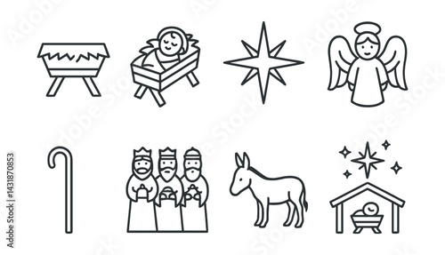 Nativity symbols icons set: manger, angel, magi, star, donkey, shepherd's crook – . Vector icons