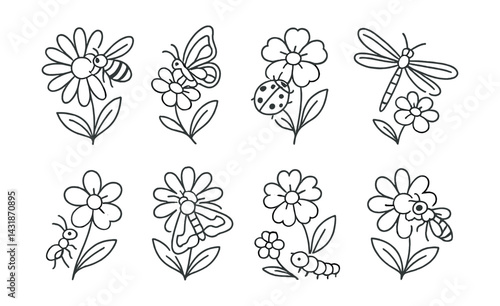 Simple flowers and insects icon set: illustration of nature's beauty. Vector icons
