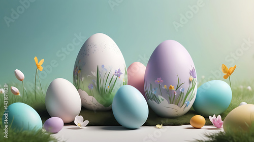 Colorful easter eggs with spring flowers in grass. 3d render