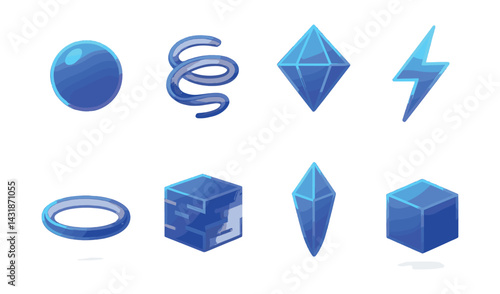 Futuristic glowing icons set: sphere, helix, prism, lightning, ring, cube in . Vector icons