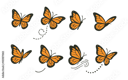 Elegant butterfly flight patterns icon set: with eight unique designs. Vector icons