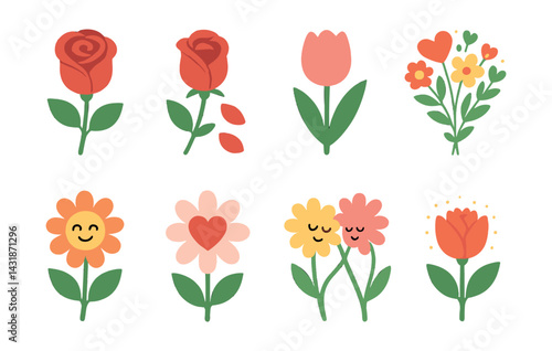 Charming romantic flower icon set: simple floral designs in flat style. Vector icons