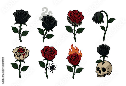 Gothic rose icons set: dark floral symbols with fire and skull elements. Vector icons