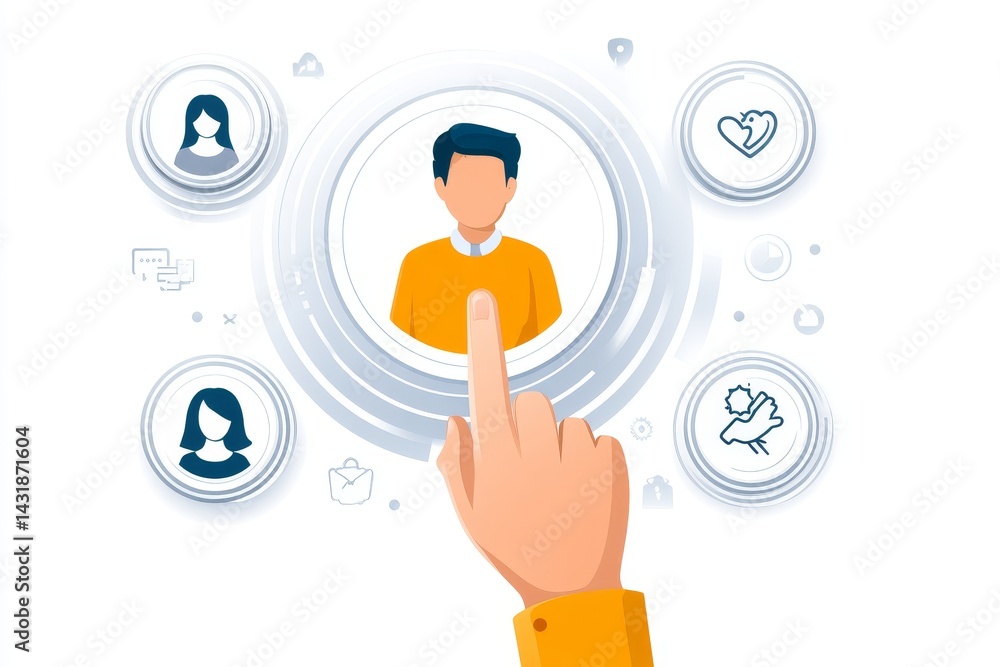 Selecting the Ideal Candidate - Hand selecting a male candidate profile from a interface, showcasing talent acquisition and recruitment Selecting the Ideal Candidate - Hand selecting a male candidate profile from a interface, showcasing talent acquisition and recruitment