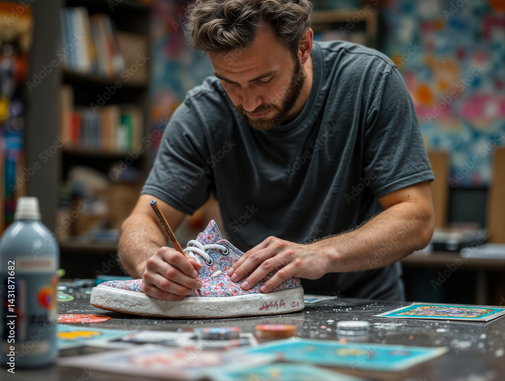 A man is sitting at a table, painting a floral-patterned shoe with a brush