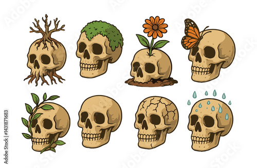Nature's reclamation icon set: skulls embraced by nature. Vector icons