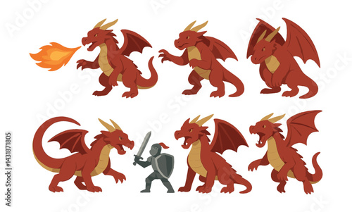 Fierce dragon battle poses icons set – for fantasy themed projects. Vector icons