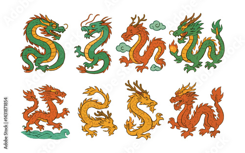 Majestic dragon icons set featuring traditional chinese mythical creatures in flat style. Vector icons