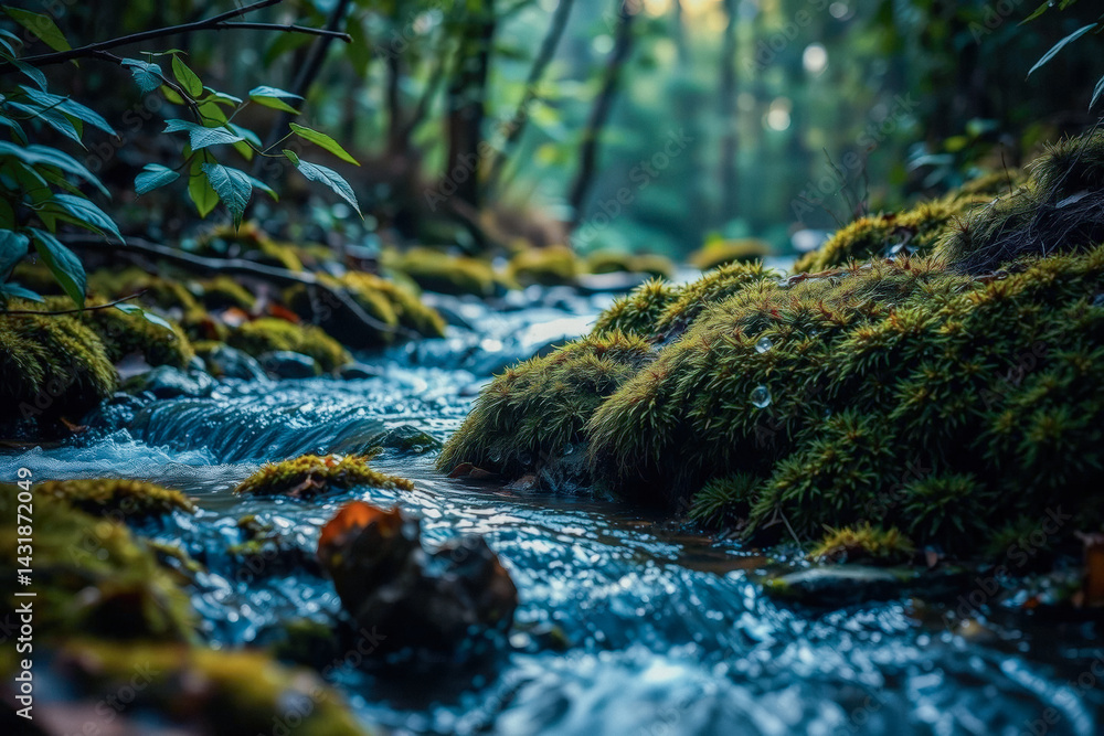 Forest Stream with Moss and Gentle Waterfalls