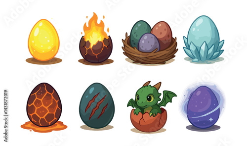 Magical dragon eggs icon set: enchanting collection of fantasy-themed eggs in flat style. Vector icons