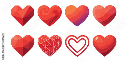 Geometric heart icons set: vibrant love symbols in a flat style. Vector icons