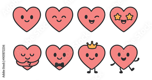 Charming cartoon heart icons set: expressive and playful designs. Vector icons