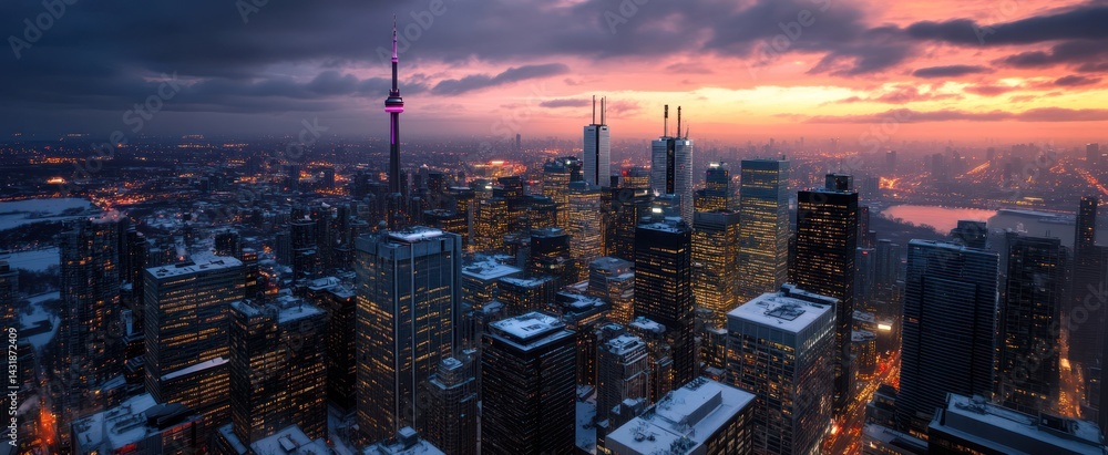 Fototapeta premium Urban panorama at twilight, snow-covered buildings.