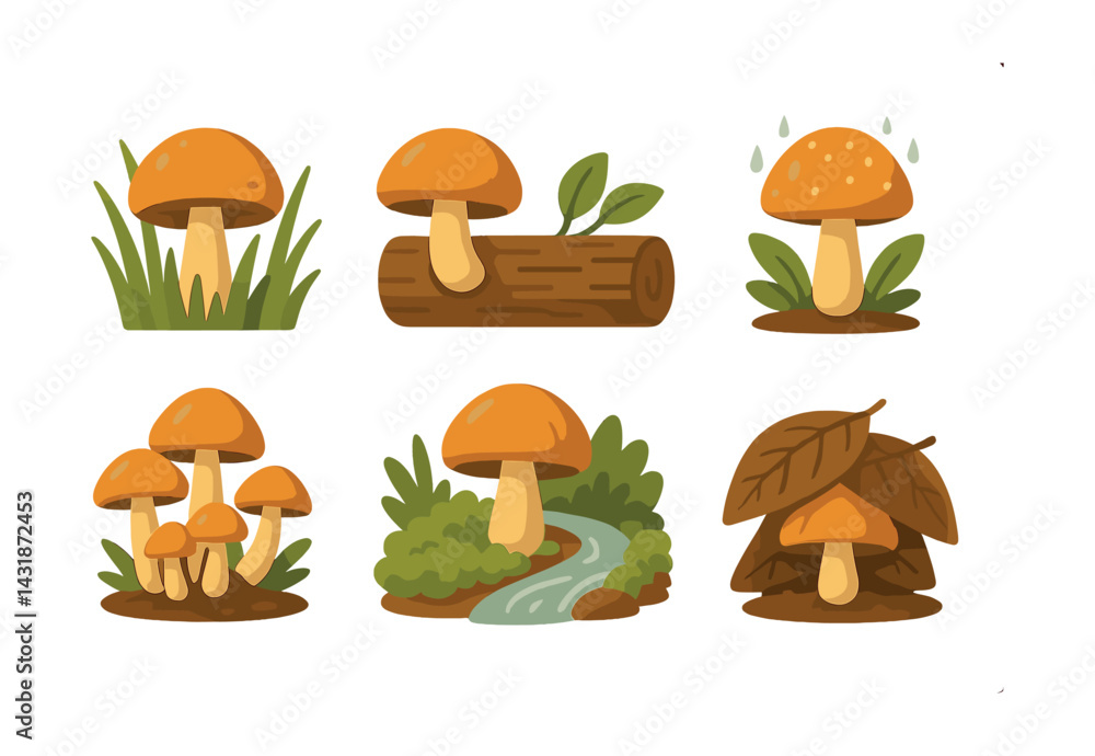 Charming forest mushroom icons collection: explore the enchanted world of fungi. Vector icons Charming forest mushroom icons collection: explore the enchanted world of fungi. Vector icons