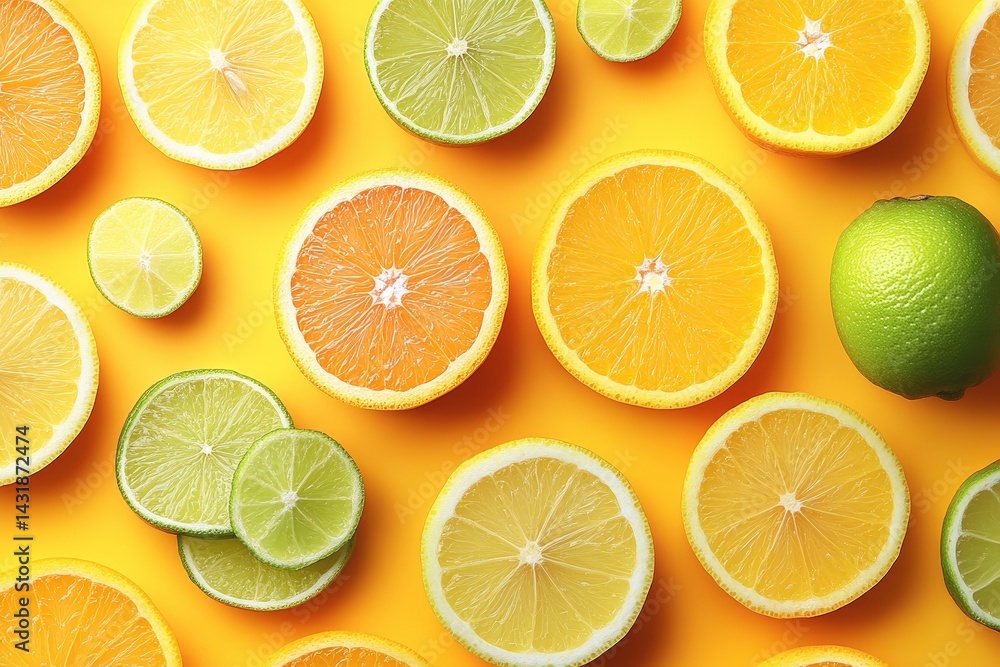 Fresh citrus fruits arranged on a vibrant yellow surface showcasing a variety of colors and textures Fresh citrus fruits arranged on a vibrant yellow surface showcasing a variety of colors and textures