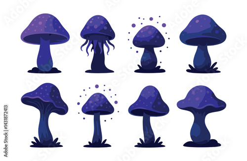 Mystical bioluminescent alien mushrooms icon set: enchanting blue and purple designs. Vector icons
