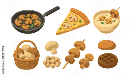 Gourmet mushroom culinary icons set in flat style: pizza, soup, basket, skewer, and more. Vector icons