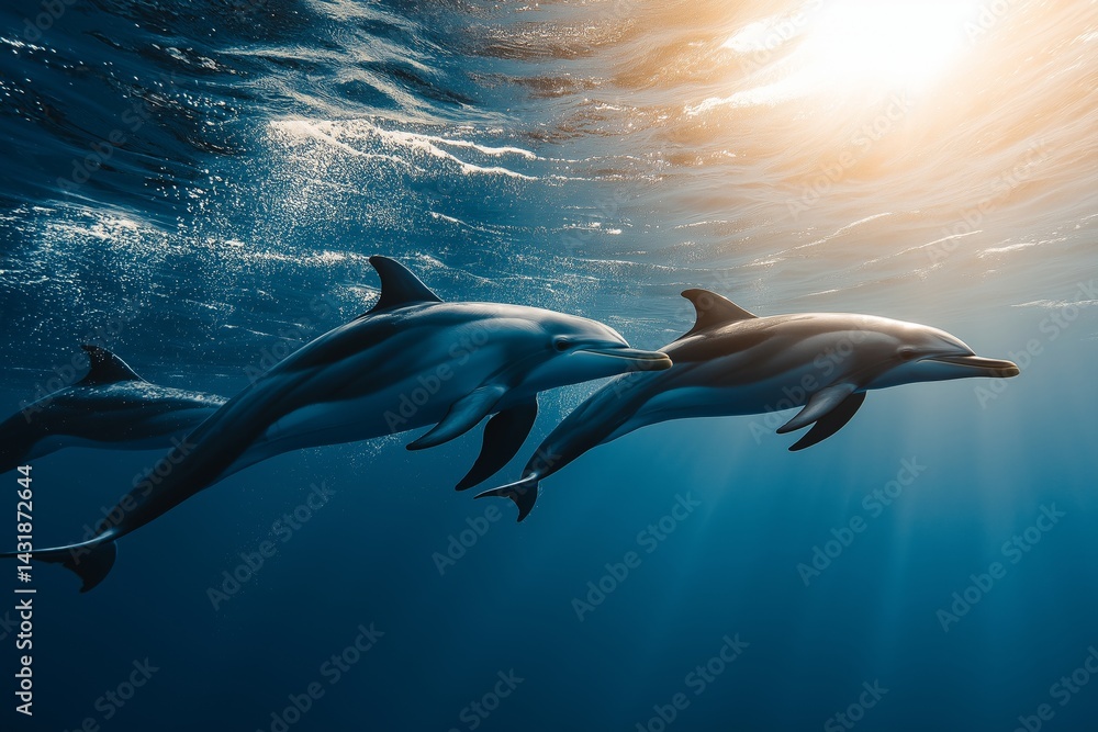 Fototapeta premium A school of dolphins swimming gracefully underwater with sunlight filtering through the surface