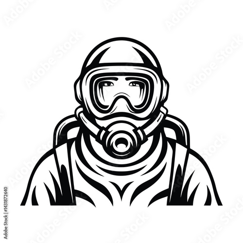 Minimal Black and White Drawing of Man Wearing Full Protective Hazmat Suit & Mask