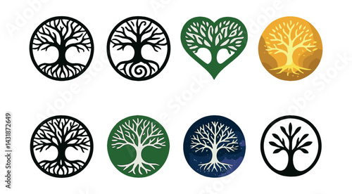 Elegant icons set of symbolic trees featuring diverse designs and emotive styles. Vector icons