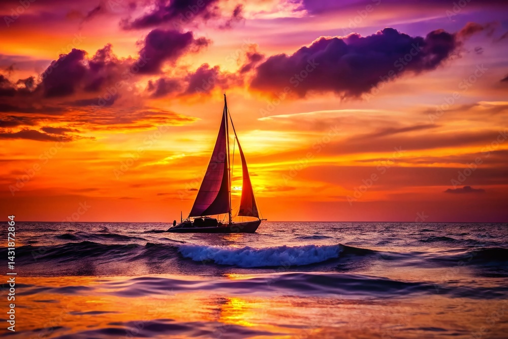 Fototapeta premium Silhouette Sailboat at Sunset, Ocean Seascape, Dramatic Sky, Nautical, Sailing Vessel