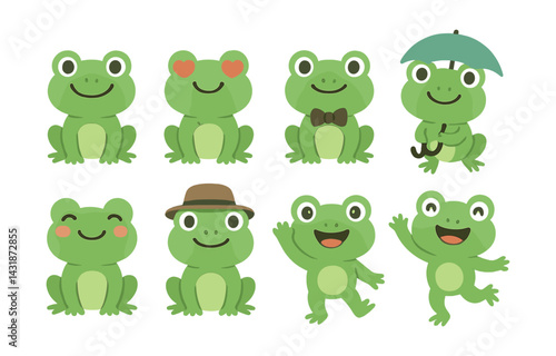 Charming frog icons set: adorable cartoon frogs in flat style. Vector icons