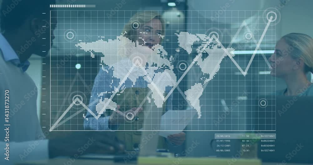 Three professionals discussing finance plan using laptop in meeting room, showing world map grid Three professionals discussing finance plan using laptop in meeting room, showing world map grid