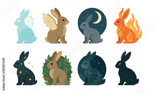 Celestial fantasy rabbits icons set: enchanting lunar & elemental designs. Vector icons