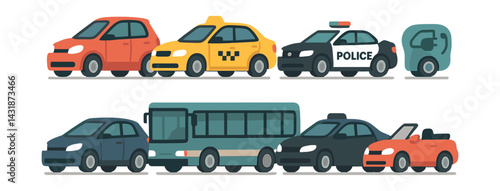 Urban vehicle icons set - flat style featuring cars, taxi, police, bus, and electric car. Vector icons