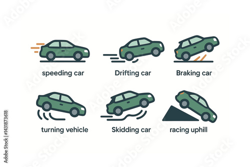 Dynamic car action icons set: speeding, drifting, braking, skidding, racing, turning - flat style. Vector icons