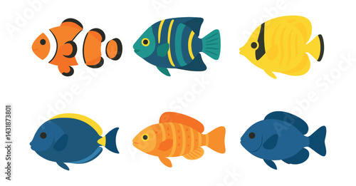Vibrant tropical fish icons set - colorful aquatic life in flat style. Vector icons