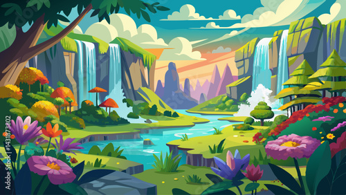 Waterfalls and flowers, beautiful landscape, idyllic background with many flowers in Eden.