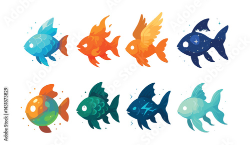 Mystical fantasy fish icons set with unique elemental designs - flat style art. Vector icons