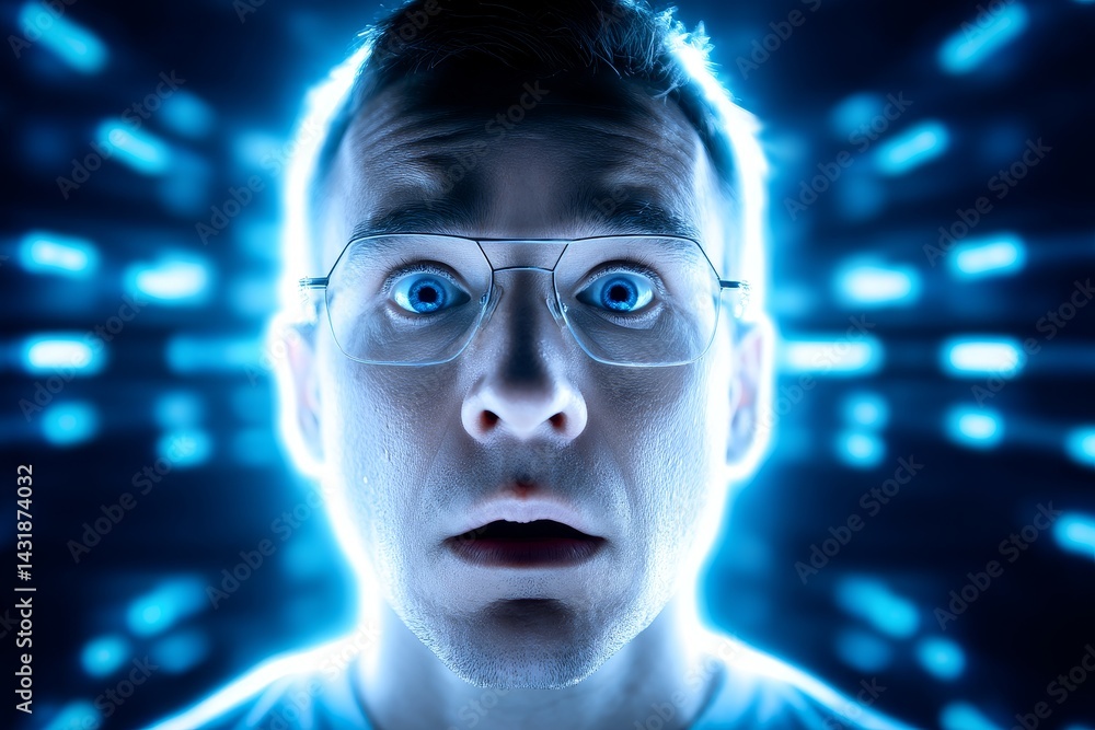Shocked Man Facing Data Stream - Close-up of a surprised man with glasses, illuminated against a blue background. Perfect for technology, innovation, or surprise concepts Shocked Man Facing Data Stream - Close-up of a surprised man with glasses, illuminated against a blue background. Perfect for technology, innovation, or surprise concepts