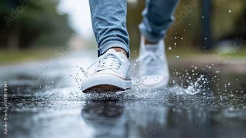 A close-up of white sneakers splashing through puddles on a wet surface, with water droplets visibly spraying around