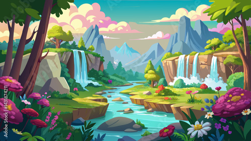 Waterfalls and flowers, beautiful landscape, idyllic background with many flowers in Eden.