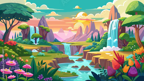 Waterfalls and flowers, beautiful landscape, idyllic background with many flowers in Eden.