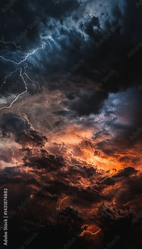 A dramatic close up of a fierce tornado with lightning in a chaotic thunderstorm landscape