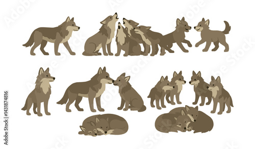 Wolf pack dynamics icons set: collection featuring pack behavior and interaction. Vector icons