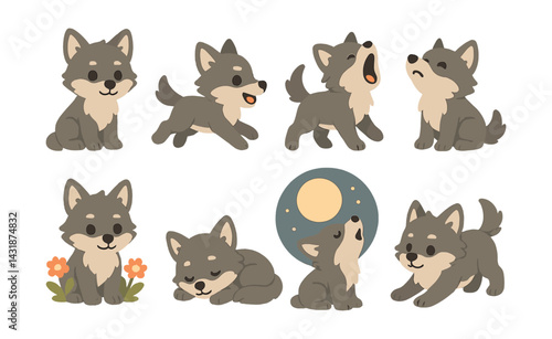 Adorable wolf pup icons set: playful and expressive canine illustrations. Vector icons