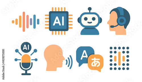 Ai voice recognition icons set: communication and interaction elements in flat style. Vector icons